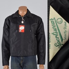 L 1960s Mens NOS Black Nylon Windbreaker Car Club Hotrod Jacket Racer 60s VTG