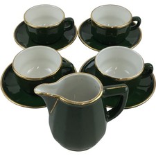 Apilco French Porcelain Green Gold Trim Cup Saucer Set with Creamer 9 Pieces