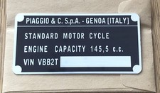 DATA PLATE FITS TO VINTAGE CLASSIC PIAGGIO VESPA VBB 150   Scooter