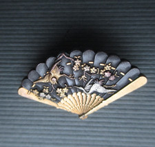 Antique Japanese Meiji shakudo bronze silver gold brooch blossom cranes fan pin
