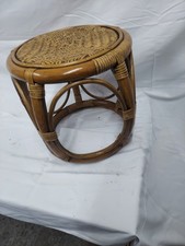 Vintage Rattan & Wicker Round Stool / Side Table – Boho Bamboo Cane Plant Stand