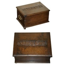 ANTIQUE EDWARDIAN CIRCA 1910 ENGLISH OAK SLIPPERS STORAGE BOX ORNATE HANDLES