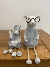 NEXT HANGING GREY HARES AND SHELF SITTING MOUSE WITH SPECTACLES 