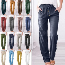 Women Cotton Linen Trousers Ladies Summer Casual Elastic Waist Bottoms Pants NEW