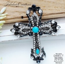 Gothic Cross Crucifix Brooch Vintage Silver tone Crystal Religious Pendant Gift