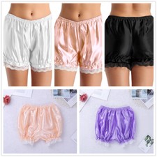 Woman Satin Lace Trim Hem Pumpkin Knickers Shorts Ruffles Silky Panties Bloomer