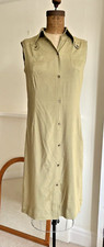 Vintage 50's/60's Pure Silk Shirt Dress Khaki Midi Sleeveless Safari Style