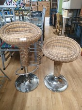 Pair of wicker and chrome low back bar stools