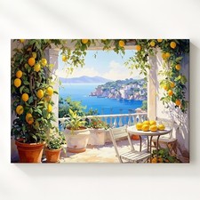Sunlit Mediterranean Terrace Canvascoastal Lemon Grove & Sea View Art Wall Art