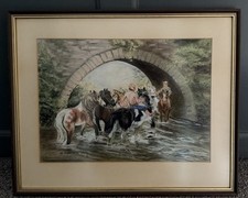 Vintage Original watercolour Painting by M Thurston Horses Stone Bridge River