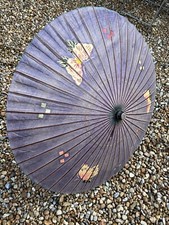 VINTAGE 1950s Japanese hand painted purple paper parasol umbrella bamboo handle