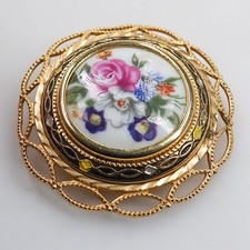 Vtg Big Painted Porcelain Flower Brooch Round Filigree Mid Century Floral China