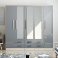 Modern 5 Door Mirrored Wardrobe – High Gloss Light Grey – 6 Drawers Storage