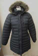 SuperDry navy blue parka style puffer coat size 12 faux fur trim hood