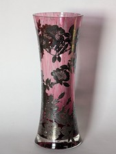 LAUGHARNE Glass Vase Applied Silver (Hallmarked) FLORAL - LARGE 27cms with label