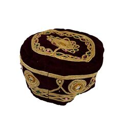Vintage Red Velvet Embroidered Turkish Islamic Hat Kippah with Gold Thread