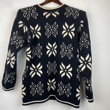 Celtic Isle Sweater Womens M Ireland Pullover 100% Merino Wool Snowflake Black