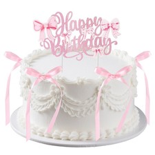 Bow Cake Topper Decorations with Happy Birthday Sign, Retro Style Vintage Coquet