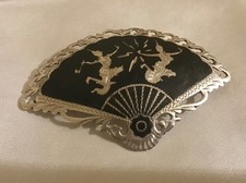 925 Sterling Silver Vintage SIAMESE FAN-SHAPED BROOCH Dancers Black Niello G.CON