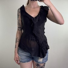 Y2K vintage 100% silk asymmetrical blouse top ruffle tiered v neck cap sleeve