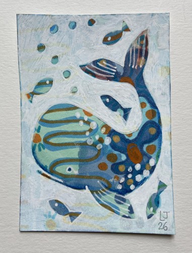 Aceo original folk art whale - art,