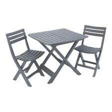 Garden Dining Bistro Set Foldable Table 2 Chairs Grey Plastic Compact Balcony