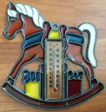 LEAD & STAINED GLASS EFFECT ROCKING HORSE WINDOW THERMOMETER