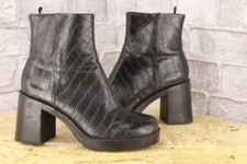 BLACK FUX LEATHER CHUNKY BLOCK HEEL ANKLE BOOTS MOC CROC SIZE 5 / 38 H & M GOOD