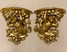 An unusual and elegant PAIR of Gilded Wooden Monkey Wall Sconces - 34 cm tall