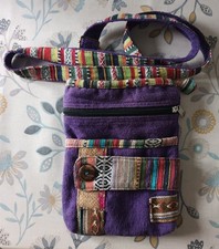 Purple Multicoloured Cotton Crossbody Bag Removeable strap zipped Hippie Boho