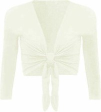 WOMENS PLAIN TIE KNOT SHRUG LADIES CROPPED BOLERO LONG SLEEVE TIE UP FRONT TOP