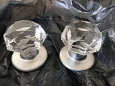 1 Set Of  New Crystal Glass  Faceted  Satin Chrome Door Knobs/handles Large .