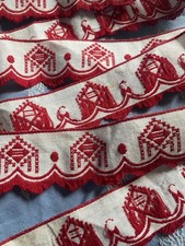 Vintage French 1950's Embroidered Fabric Shelf Edge Red White 3.25m