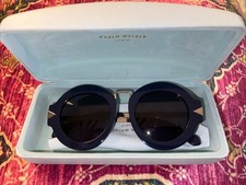 Karen Walker NWOT Maze Navy Gold Accents Blue Round Sunglasses Stylish Hobo Chic
