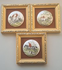 3 Vintage Staffordshire Miniature Ceramic Pictures Hunting Theme. Hand Made.