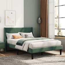 Double Bed Frame, Soft Velvet Green 4FT6 Upholstered Bed with Winged Headboard
