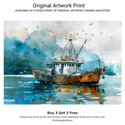 Fishing boat print on - boat, matte