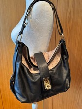 JAEGER Black Beige Ostrich Leather Slouch Hobo Shoulder Bag Adjustable + Dustbag