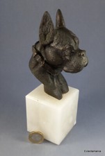 Vintage Solid Cast Bronze BOXER DOG Sculpture on White Onyx Plinth