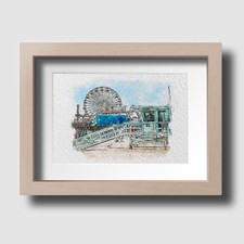 Santa Monica Pier Beach Hut Los Angeles Watercolour Wall Art Picture Unframed