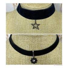 ZARA 2 Pendant Choker Necklaces Blue Velvet Star & Rhinestone Flower Suede 288