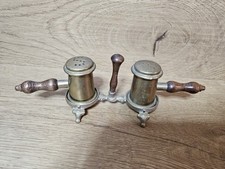 Vintage Salt & Pepper Shakers On Stand Wooden Handles Brass