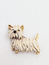 Vintage White Enamel Yorkshire Terrier Dog Brooch Gold Tone