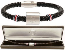 RANGERS FC LEATHER COLOUR RING CREST STAINLESS STEEL BRACELET WRISTBAND