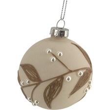 Decorative Round Bauble Ornament in Beige with Leaf Design 8cm New TH