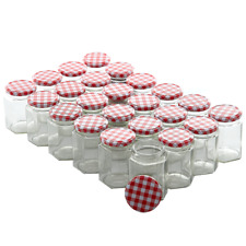 NEW JAM JARS 250ML WIDE MOUTH GLASS PRESERVE POTS GINGHAM RED LIDS MODERN ZENO