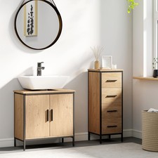 Industrial Under Sink Bathroom Cabinet with Adjustable Shelf and Steel Frame Oak