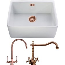 Astini Belfast 600 1.0 Bowl White Ceramic Kitchen Sink & Copper Waste