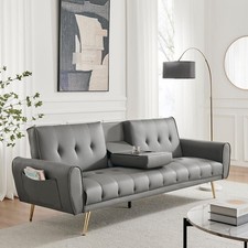 Lora Sofa Bed 3 Seater Faux Leather Click Clack with 2 Cup Holders - Grey