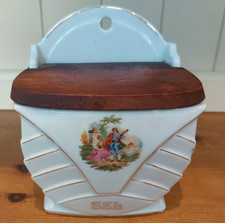Vintage French ceramic sel wall hanging box, salt container, wooden lid